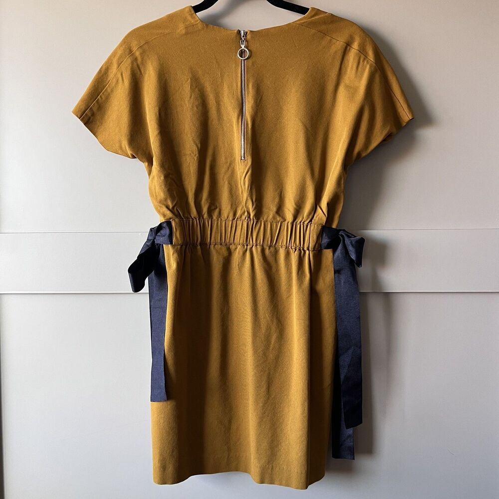 Zara Trafaluc‎ Mini Dress Womens XS Tan Yellow Short Sleeve Bow Tie Fit Flare - Picture 6 of 15